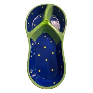 Denniseast Ceramic Flip Flop Divided Serving Dish Blue Yellow Dots Green